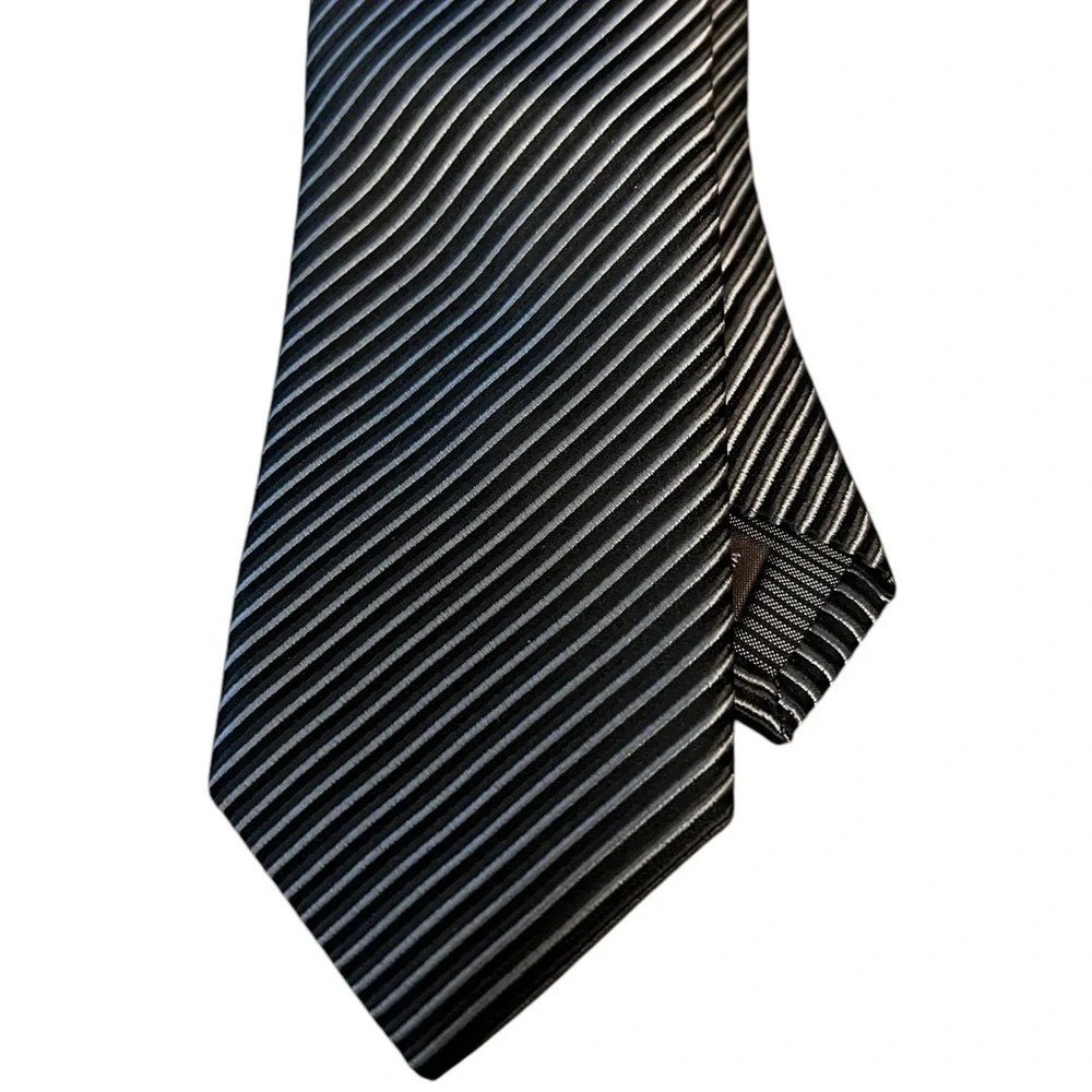 NORDSTROM vintage textured skinny silk striped tie, black & silver, 2.5” wide
